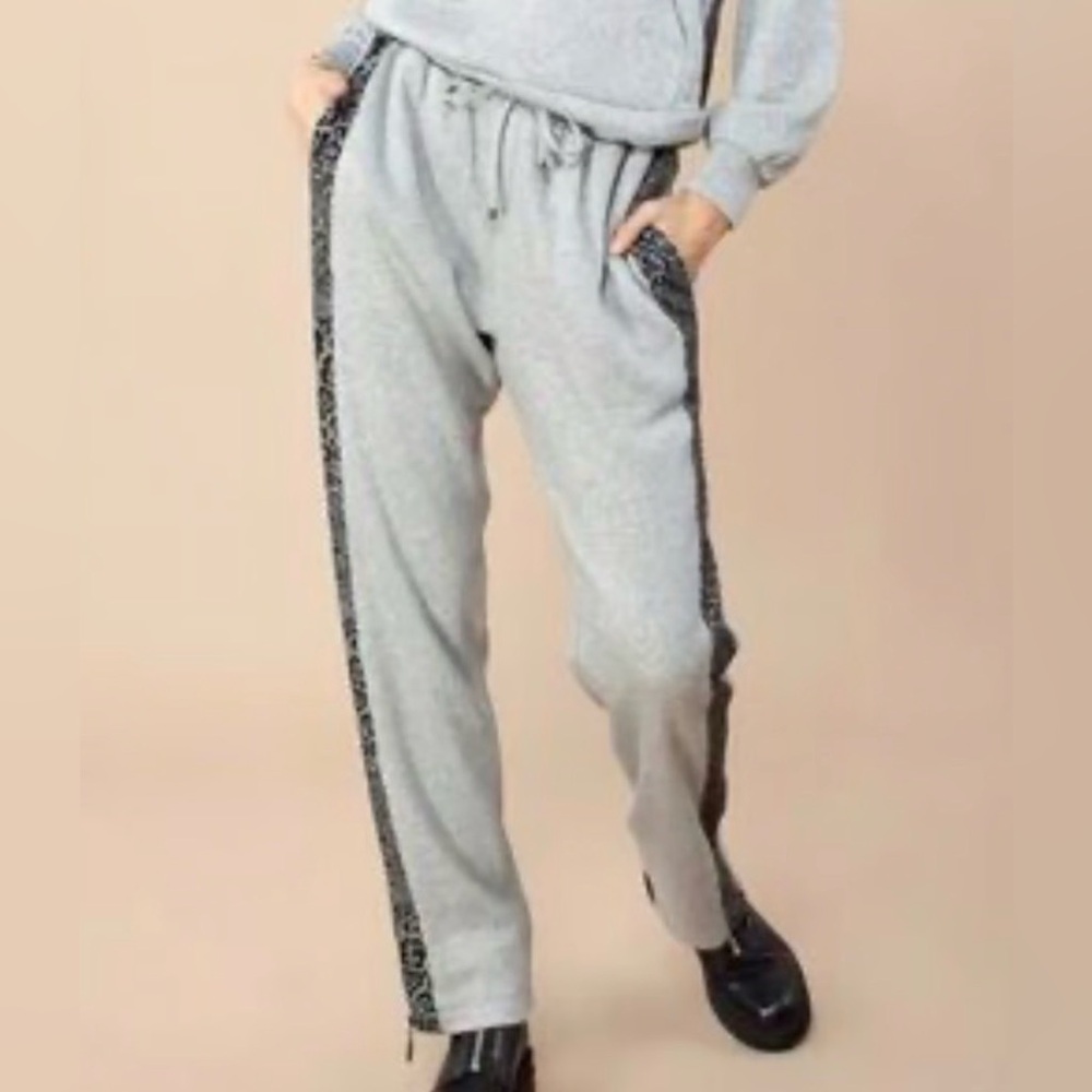 Hale Bob Gray Jogger Pants w/ Leopard Side Stripe